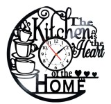 Ceas de perete decorativ The Kitchen is the Heart of the Home, realizat din disc de vinil upcycled, model Cesti de Cafea, negru, 30 cm