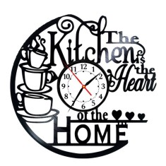 Ceas de perete decorativ The Kitchen is the Heart of the Home, realizat din disc de vinil upcycled, model Cesti de Cafea, negru, 30 cm