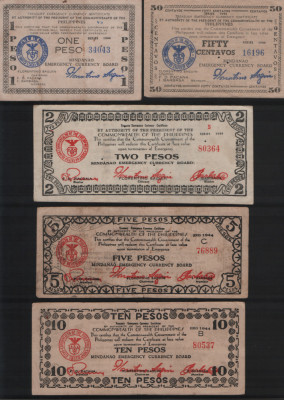 Set Filipine Philippines 50 centavos + 1 + 2 + 5 + 10 pesos Mindanao 1944 foto
