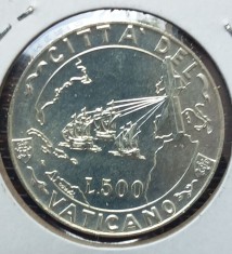 (A368) MONEDA DIN ARGINT VATICAN - 500 LIRE 1992, EVANGHELIZAREA AMERICII, RARA foto