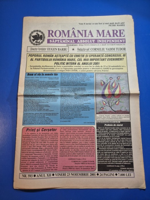 ziarul romania mare 23 noiembrie 2001 - redactor sef corneliu vadim tudor