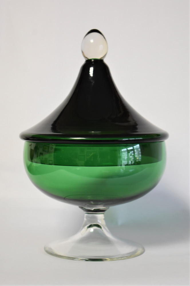 Bomboniera mare cu capac din sticla verde - Design anii 1950-1960 |  Okazii.ro