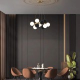 Candelabru modern, 8 globuri albe + 8 globuri de catifea neagra, dulie G9, culoare corp auriu, diametru 60cm, inaltime reglabila 1m