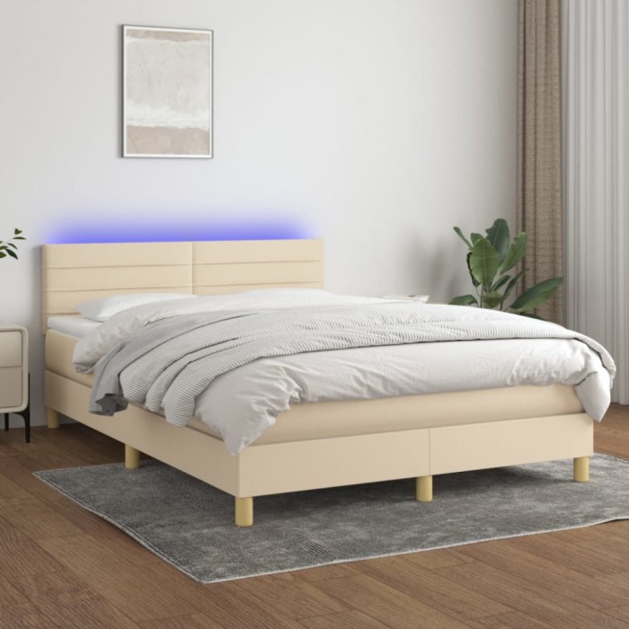 vidaXL Pat cu arcuri, saltea și LED, crem, 140x200 cm, textil 3133802