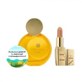 Set pentru dama, apa de parfum Far Away Shine, Ruj Avon Luxe Lustering Nude si insigna Dactylion cu mesaj motivational