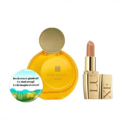 Set pentru dama, apa de parfum Far Away Shine, Ruj Avon Luxe Lustering Nude si insigna Dactylion cu mesaj motivational foto