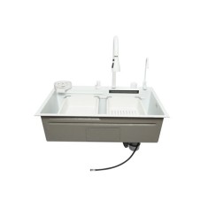 Chiuveta bucatarie otel inoxidabil cu doua baterii, functie cascada, spalator pahare, dozator sapun, scurgator, tava, tocator si accesorii scurgere in