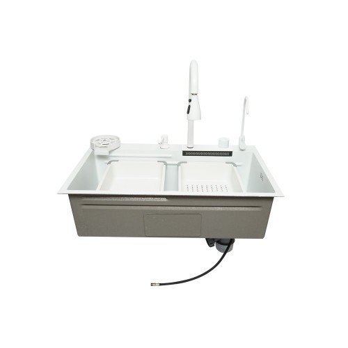 Chiuveta bucatarie otel inoxidabil cu doua baterii, functie cascada, spalator pahare, dozator sapun, scurgator, tava, tocator si accesorii scurgere in