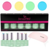 Cumpara ieftin Set 4 Oje Semipermanente, Top &amp; Base Coat Hema Free SensoPRO Milano + Lampa UV, Spring Pastel