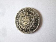 Peru 1/5 Sol 1863 argint,moneda cu patina deosebita la cel mai mic pret,diam=23 mm