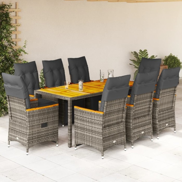 Gossi set bistro de gradina cu perne, 9 piese, gri, poliratan