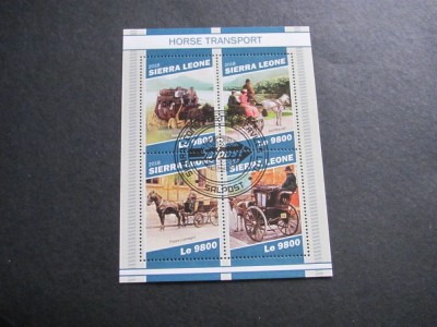 Bloc Timbre Sierra Leone 2018 &amp;ndash; &amp;bdquo;Transport cu Cai&amp;rdquo;, 4 Diligențe și Trăsuri Istorice, Le 9800, obliterat SalPost foto
