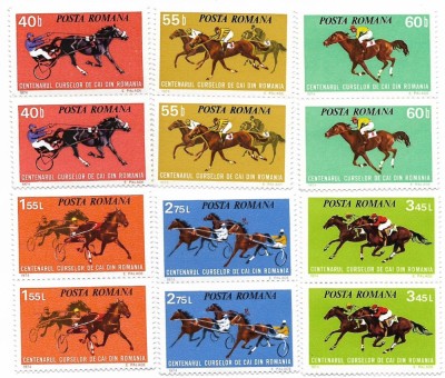 Romania (558) - Centenarul curselor de cai din Romania, 1974 - serie neobliterata, blocuri de 2 foto