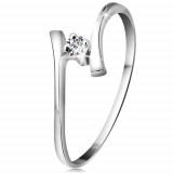Inel din aur alb 585 - diamant strălucitor transparent, brațe subțiri curbate - Marime inel: 58