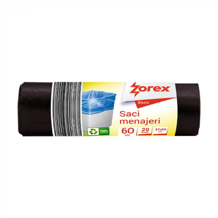 Saci Menajeri Zorex Basic, 60L, 57x65 cm, 20 Buc/Rola, Culoare Neagra, Saci Menaj, Saci de Gunoi, Saci Menajeri 60L, Saci de Gunoi Negri, Saci Menajer