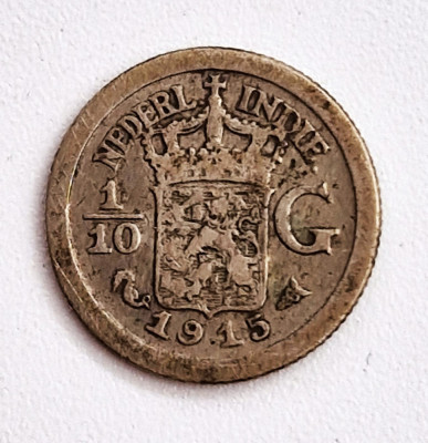 moneda argint _ Indiile Olandeze ( Indonesia ) 1/10 Gulden 1915 _ km # 311 foto