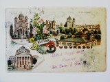 Rara! Carte postala litho Bucuresti:Salutari din Bucuresci,circulata 1899 cu stampile rare