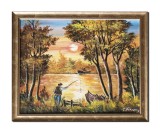 Cumpara ieftin Tablou cu rama pictat manual apus de soare cu pescar, 55x45cm ulei pe panza, Constantin Feraru