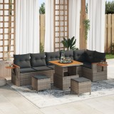 Set canapea de grădină cu 9 piese cu perne gri din ratan poli și acacia, Set de dining cu 3 piese pentru grădină cu perne gri din ratan poli și acacia, vidaXL