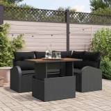 Set grădină , 5 piese, cu perne, ratan poly negru, acacie