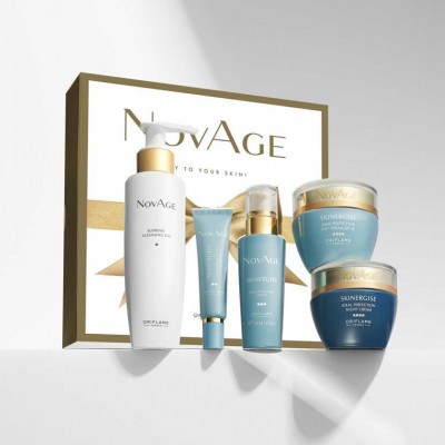 SET NovAge Skinergise Oriflame ce conține 5 produse ( gel de curățare, cremă de ochi, ser, cremă de zi SPF30, cremă de noapte) foto