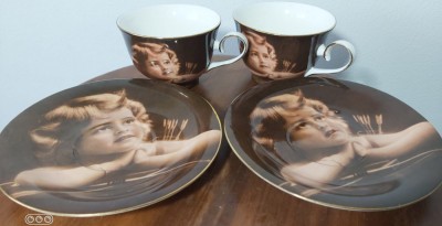 Pereche de cesti cafea / ceai , portelan fin , decor ingeri foto