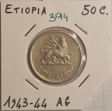 394 Ethiopia, Etiopia, 50 Santeem - Hail&eacute; Selassi&eacute; I, 1936 (1944-1945), KM#37, argint, buna, Africa