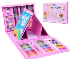 Set de pictura si desen pentru copii WePro Store, 208 piese, carioci, creioane colorate, pasteluri de ulei si acuarele, Roz