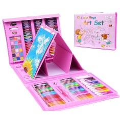 Set de pictura si desen pentru copii WePro Store, 208 piese, carioci, creioane colorate, pasteluri de ulei si acuarele, Roz