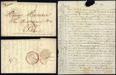 France 1829 Postal History Rare Stampless Cover + Content Lyon to Paris D.1032 foto