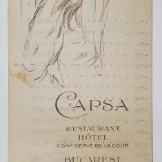 CAPSA , RESTAURANT HOTEL , CONFISERIE DE LA COUR , BUCAREST , TARIFS DES CONSUMATIONS , PERIOADA INTERBELICA