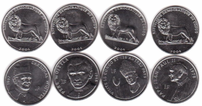 SV * Congo 4 x 1 FRANC 2004 * Ascensiunea IOAN PAUL II * PREOT - CARDINAL - PAPA