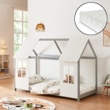 Pat casuta copii cu saltea design semideschis Tostedt 90x200 cm gri alb [en.casa] HausGarden Leisure