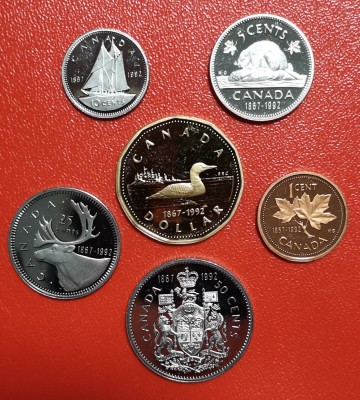 SV * Canada 1 CENT - 5-10-25-50 CENTS - ONE DOLLAR * -UNC * din Set Proof Aniversar Monede 1867 - 1992, desfacut foto