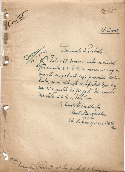 A3481N Constantin Manolache, act scris și semnat olograf, 1948