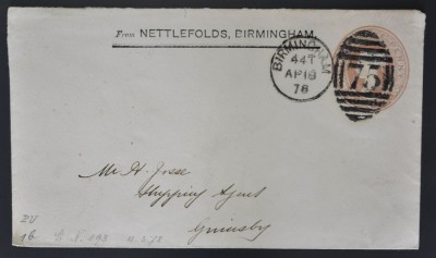 Great Britain 1878 BIRMINGHAM-75 Duplex on Private QV Stat to Grimsby, GB D.023 foto