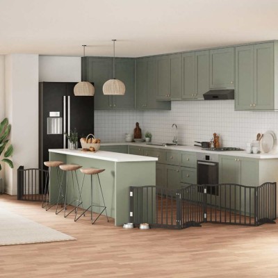 vidaXL Poartă c&amp;acirc;ini pliabilă cu ușă 8 panouri negru 640 cm, lemn plop 3155626 foto