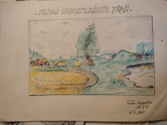 Peisaj agricol anii 1950, desen in creion foto