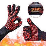 Mănuși BBQ, Model Rezistent, Set 2 Bucăți, Negru cu Model Roșu, Temperatură Maximă 300░C, Oem