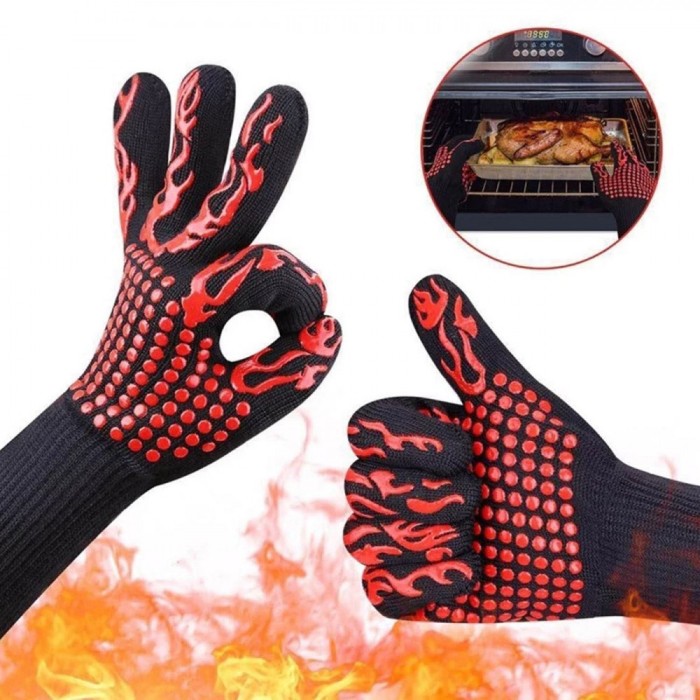 Mănuși BBQ, Model Rezistent, Set 2 Bucăți, Negru cu Model Roșu, Temperatură Maximă 300░C