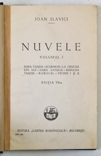 NUVELE de IOAN SLAVICI , VOLUMUL I , 1931
