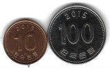 Coreea de Sud , lot 61 / 2 buc - 10 + 100 Won 2015