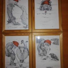 4x tablou mic ilustratie semnata spiridus pitic gnom troll nordic Suedia