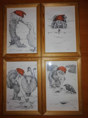 4x tablou mic ilustratie semnata spiridus pitic gnom troll nordic Suedia foto