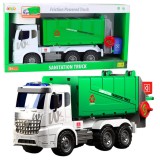Camion de gunoi cu functie de ridicare, 2 lumini pentru pubele, efecte sonore, verde, Lean 23121