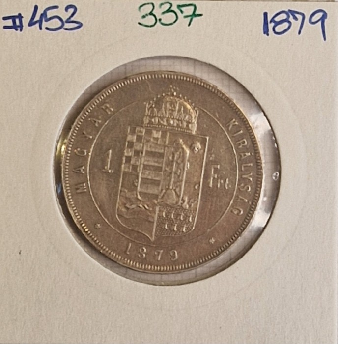 337 Hungary, Ungaria, 1 Forint 1879, KM#453, Argint, buna