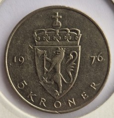 Norvegia 5 Kroner 1976 moneda cupru nichel km # 420 Olav V
