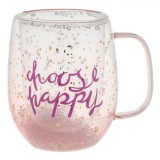 Cana Sticlă Doublewall, &quot;Choose Happy&quot;, Transparentă-Mov, Capacitate 0,35L, Oem
