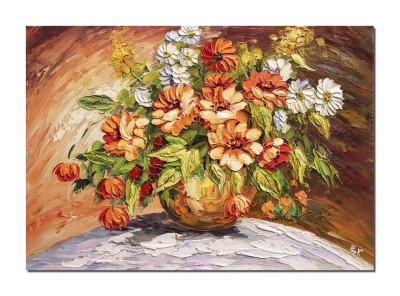 Tablou 3D stilizat pictat manual, Aranjament floral regal, 70x50cm ulei pe panza, Valentin Pop foto