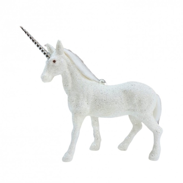 Ornament brad unicorn 15 cm White Glitter